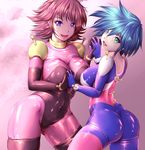  2girls allenby_beardsley aqua_eyes ass blue_eyes bodysuit breasts earrings from_behind g_gundam gundam harihisa huge_breasts interlocked_fingers jewelry mobile_trace_suit multiple_girls purple_eyes rain_mikamura red_hair shiny shiny_clothes short_hair sideboob skin_tight smile wide_hips 