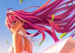  absurdres ahoge bare_shoulders blurry corticarte_apa_lagranges depth_of_field dress highres huge_filesize kannatsuki_noboru light_smile long_hair looking_back red_eyes red_hair shinkyoku_soukai_polyphonica sky solo sundress wind 