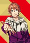  beckoning brown_hair eyebrows eyebrows_visible_through_hair grey_eyes hazama_masayoshi highres kurahana_chinatsu looking_at_viewer male_focus messy_hair official_art open_hand outstretched_arm parted_lips samurai_flamenco solo zipper 