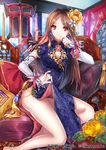  barefoot brown_hair china_dress chinese_clothes cushion dress dress_lift earrings flower hair_flower hair_ornament interitio jewelry legs long_hair looking_at_viewer red_eyes sitting smile solo tenka_touitsu_chronicle 
