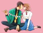  1girl arsene_lupin_iii black_hair brown_hair castle_of_cagliostro clarisse_de_cagliostro closed_eyes green_jacket jacket long_hair lupin_iii nagisa-a necktie short_hair sideburns smile translated yellow_neckwear 
