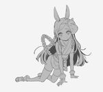  all_fours animal_ears bad_id bad_pixiv_id bunny_ears detached_sleeves elin_(tera) gloves greyscale long_hair mask monochrome ninja no_tail sandals shuf smile solo tera_online thighhighs 