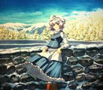  arm_rest arm_support blue_sky boots brown_eyes cloud forest frilled_skirt frills hat knee_boots leaning_back letty_whiterock long_sleeves looking_at_viewer marker_(medium) millipen_(medium) mixed_media mountain nature outdoors shiratama_(hockey) short_hair silver_hair skirt skirt_hold sky smile snow solo stone_wall touhou traditional_media vest wall 