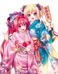  :d absurdres arrow blonde_hair blush corticarte_apa_lagranges dress ema flower hagoita hair_intakes hair_ornament hairclip hairpin hamaya hand_on_another's_shoulder happy highres japanese_clothes kannatsuki_noboru kimono long_hair multiple_girls new_year open_mouth orange_eyes paddle red_eyes red_hair shinkyoku_soukai_polyphonica side-by-side smile thighhighs yugiri_perserte 