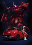  blonde_hair boots car char_aznable gun gundam helmet mask mecha mobile_suit_gundam motor_vehicle toyota vehicle weapon zaku zaku_ii zaku_ii_s_char_custom 