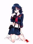  :p black_hair blue_eyes finger_to_mouth hair_over_one_eye hand_on_own_thigh kill_la_kill kneeling matoi_ryuuko midriff multicolored_hair navel relaxjon school_uniform serafuku short_hair signature skirt smile solo tongue tongue_out two-tone_hair unfinished 