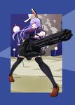  absurdres animal_ears bandaid bandaid_on_face blazer blue_background breasts bunny_ears collared_shirt fingerless_gloves foreshortening full_body gatling_gun gloves gun highres hinagami jacket large_breasts lavender_hair long_hair looking_at_viewer minigun necktie red_eyes reisen_udongein_inaba road_sign shirt shoes sign skirt sleeves_rolled_up smoke solo standing thighhighs touhou tsurime weapon 