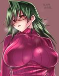  breasts brown_background glasses green_hair large_breasts long_hair original red_eyes ribbed_sweater simple_background solo sweater tokita_monta translation_request turtleneck upper_body 