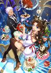  1girl archer blue_eyes brown_hair cake candy_apple closed_eyes cup empew fate/stay_night fate_(series) floating food fork formal high_heels highres long_hair long_legs plate ribbon shorts silver_hair smile suit tea teacup thighhighs toosaka_rin two_side_up 