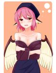  animal_ears bandana bare_shoulders bird_ears blush brown_eyes crossed_arms feathered_wings japanese_clothes jewelry kimono looking_at_viewer mystia_lorelei off_shoulder okamisty open_mouth orange_background pink_hair pokio short_hair single_earring solo touhou undressing upper_body wings 