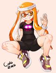  bad_id bad_tumblr_id bike_shorts colo_(nagrolaz) inkling orange_eyes orange_hair shirt shoes sitting sneakers solo splatoon_(series) splatoon_1 sweatband t-shirt tentacle_hair waving 