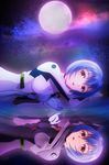  ayanami_rei blue_hair bodysuit breasts fe_(12141978) full_moon looking_at_viewer lying medium_breasts moon moonlight neon_genesis_evangelion on_stomach open_mouth parted_lips plugsuit rebuild_of_evangelion red_eyes reflection short_hair sky solo star star_(sky) starry_sky water white_bodysuit 