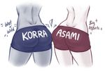  animated animated_gif asami_sato ass ass-to-ass avatar_(series) back close-up clothes_writing cropped_legs dark_skin dimples_of_venus from_behind greyscale head_out_of_frame iahfy korra monochrome multiple_girls photo-referenced short_shorts shorts skin_tight the_legend_of_korra topless 