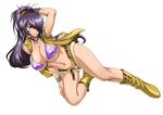  belt bikini blue_eyes blush boots bracelet breasts distance hair_over_one_eye hand_on_own_head hand_on_thigh ikkitousen jewelry kan'u_unchou large_breasts lips long_hair navel necklace ponytail purple_bikini purple_hair short_shorts shorts solo swimsuit vest 