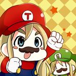  :o arm_up blonde_hair blue_eyes blue_overalls blush_stickers checkered checkered_background clenched_hands cosplay eyebrows facial_hair fake_facial_hair fake_mustache green_hat green_shirt hat k-on! komugiko kotobuki_tsumugi long_hair luigi luigi_(cosplay) mario mario_(cosplay) mario_(series) multiple_girls mustache open_mouth overalls raised_fist saitou_sumire shirt star star_print super_mario_bros. |_| 