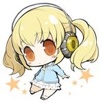  blonde_hair blush breasts chibi headphones huge_breasts looking_at_viewer lowres minoa_(lastswallow) nitroplus short_hair smile solo super_pochaco twintails 