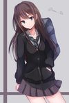  bag black_hair cardigan green_eyes hand_in_pocket idolmaster idolmaster_cinderella_girls jewelry kamanatsu long_hair necklace necktie school_bag school_uniform shibuya_rin solo 