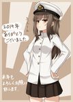  2014 bangs blunt_bangs brown_eyes brown_hair brown_skirt female_admiral_(kantai_collection) hair_bobbles hair_ornament hands_on_hips hat highres kantai_collection long_hair looking_at_viewer military military_hat military_uniform naval_uniform peaked_cap pleated_skirt rabochicken skirt smile solo translation_request uniform 