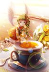 boots cup curly_hair flower food green_eyes green_hair hair_ornament hairpin long_hair looking_at_viewer minigirl original ribbon saban side_ponytail smile solo spoon teacup unmoving_pattern wings 