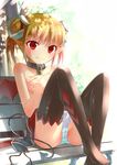  bench bikini_top_removed black_legwear blonde_hair blush breasts cameltoe collar covering covering_breasts demon_girl demon_tail demon_wings double_bun fang horns kakuno lock looking_at_viewer no_shoes original panties pointy_ears red_eyes shelly_(kakuno) short_hair short_twintails sidelocks sitting small_breasts smile solo striped striped_panties tail thighhighs topless tree_shade twintails underwear wings 