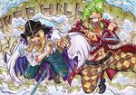  2boys absurdres bartolomeo blonde_hair cavendish dressrosa fighting_stance green_hair hat highres male male_focus multiple_boys one_piece tattoo 