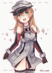  :d bare_shoulders bismarck_(kantai_collection) bismarck_(kantai_collection)_(cosplay) blonde_hair blush brown_gloves cosplay detached_sleeves gloves green_eyes grey_legwear hat heart kantai_collection long_hair military military_uniform open_mouth peaked_cap prinz_eugen_(kantai_collection) riruno smile solo sparkle thighhighs twitter_username uniform 