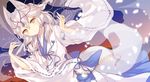  animal_ears eiyuu_chronicle fox_ears fox_tail hair_ribbon japanese_clothes kimono kyoma_(yellowxcake) long_sleeves looking_at_viewer petals ribbon ribbon-trimmed_sleeves ribbon_trim scrunchie silver_hair solo tail wide_sleeves yellow_eyes 