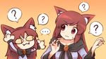  2girls :3 ? animal_ear_fluff animal_ears borrowed_character brooch brown_hair chibi collarbone commentary dual_persona fangs fingernails imaizumi_kagerou jewelry long_fingernails long_sleeves multiple_girls nail_polish nekoarc nekoarc_kagerou parody paw_pose red_eyes red_nails shirt slit_pupils spoken_question_mark style_parody tail touhou tsukihime upper_body v-shaped_eyebrows wide_sleeves wolf_ears wolf_tail wool_(miwol) 