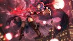  blue_hair boots building cloud fang freeze-ex hat highres looking_at_viewer moon open_mouth outstretched_arm red_eyes remilia_scarlet short_hair sky solo spear_the_gungnir touhou wings wrist_cuffs 