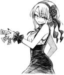  crumbs dagashi_kashi flower food greyscale hair_flower hair_ornament hair_ribbon hairband high-waist_skirt highres monochrome ribbon shidare_hotaru short_hair skirt solo umaibou yoshida_hideyuki 