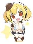  bikini blonde_hair blush breasts chibi cleavage hat headphones huge_breasts looking_at_viewer lowres minoa_(lastswallow) navel nitroplus open_mouth orange_eyes plump short_hair smile solo super_pochaco swimsuit twintails undressing 