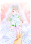  blue_eyes bride brown_hair dress flower haruka_(pokemon) holding jewelry kazayuu_(yuuri) long_hair pokemon pokemon_(game) pokemon_oras reaching ring rose smile solo_focus wedding_dress 