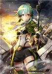  anti-materiel_rifle black_gloves blue_eyes blue_hair breasts cleavage fingerless_gloves gabiran gloves gun hair_ornament hairclip looking_at_viewer pgm_hecate_ii rifle scarf short_hair shorts sinon small_breasts sniper_rifle solo sword_art_online weapon 