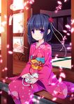  animal animal_on_lap black_hair blush bow boy30422 cat cat_on_lap cherry_blossoms hair_ornament highres japanese_clothes kimono looking_at_viewer minazuki_shigure nekopara obi porch purple_eyes ribbon sash short_hair sitting smile solo tail tail_bow veranda wind_chime 