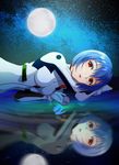  ayanami_rei blue_hair bodysuit breasts fe_(12141978) full_moon looking_at_viewer lying medium_breasts moon moonlight neon_genesis_evangelion on_stomach open_mouth parted_lips plugsuit rebuild_of_evangelion red_eyes reflection short_hair sky solo star star_(sky) starry_sky water white_bodysuit 