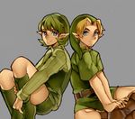  1girl back-to-back blonde_hair blue_eyes boots green_footwear green_hair green_hairband grey_background hairband hat indian_style kokiri link neaze pointy_ears ribbed_sweater saria short_hair shorts sitting smile sweater the_legend_of_zelda the_legend_of_zelda:_ocarina_of_time tunic turtleneck young_link 