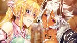  2girls blonde_hair blue_eyes breasts buta_no_gotoki_sanzoku_ni_torawarete_shojo_o_ubawareru_kyonyuu_himekishi_&amp;_onna_senshi:_zettai_chinpo_nanka_ni_maketari_shinai!!_the_animation censored cropped_jacket cum dark_skin denkishowgun erectlip fellatio fur_trim gigantic_breasts helga_(buta_no_gotoki) henrietta_(buta_no_gotoki) horns long_hair mosaic_censoring multiple_girls oral princess red_eyes scar short_hair tattoo white_hair 