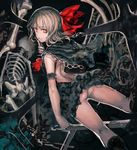  alternate_costume arm_strap ascot ass backless_outfit black_dress blonde_hair bow capelet chain commentary_request darkness dress hair_bow highres looking_at_viewer looking_back organ_derwald rumia skeleton sleeveless sleeveless_dress smile solo touhou upskirt 