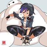  baymax big_hero_6 black_hair breasts brown_eyes bubble_blowing capri_pants chewing_gum cleavage fingerless_gloves gloves gogo_tomago headphones headphones_around_neck highlights leggings lips medium_breasts multicolored_hair oyoyo_(yoyoichi) pants purple_hair robot shoes short_hair sitting sneakers solo_focus spandex spread_legs wristband 