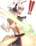  1girl belt blouse cowboy_shot earmuffs energy_sword kinketsu light_brown_hair neck_ribbon profile ribbon short_hair skirt solo sword touhou toyosatomimi_no_miko weapon white_background yellow_eyes 