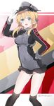  blonde_hair covered_navel gloves hand_on_hip hat hat_tip kantai_collection long_hair open_mouth peaked_cap prinz_eugen_(kantai_collection) sino_(sionori) smile solo twintails twitter_username uniform 