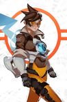  bodysuit brown_eyes brown_hair gloves goggles highres looking_at_viewer orange_bodysuit overwatch short_hair simple_background smile solo spiked_hair splashbrush tracer_(overwatch) union_jack white_background 