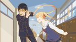  &gt;_&lt; 1boy 1girl aki_tomoya animated animated_gif black_hair black_legwear blonde_hair eyes_closed glasses hair_ribbon long_hair lowres ribbon saenai_heroine_no_sodatekata sawamura_eriri_spencer sawamura_spencer_eriri school_uniform serafuku twintails 