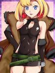  belt blonde_hair blue_eyes cleavage_cutout coat earrings elbow_gloves gloves halterneck hand_on_hip jewelry junketsu_no_maria maria_(junketsu_no_maria) parted_lips shiny shiny_clothes short_hair short_shorts shorts solo thighhighs 