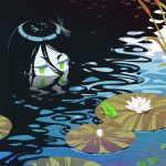  1girl black_hair bug dragonfly eye_contact flower frog frown green_eyes half-closed_eyes halphelt insect insect_on_head lily_pad long_hair looking_at_another lotus original partially_submerged reeds solo very_long_hair water 