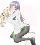  2girls black_legwear blazer blonde_hair blush eyes_closed hair_ribbon hug ikezawa_hanako katawa_shoujo loafers long_hair multiple_girls pantyhose photoshop ponytail purple_hair ribbon satou_lilly scar school_uniform shoes sitting_on_lap skirt smile yuri 