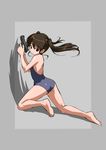  barefoot black_hair brown_eyes gun long_hair one-piece_swimsuit original pose rohitsuka school_swimsuit solo swimsuit twintails weapon 