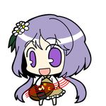  biwa_lute chibi dress flower full_body hair_flower hair_ornament instrument long_hair lute_(instrument) musical_note purple_eyes purple_hair smile socha solo touhou transparent_background tsukumo_benben twintails 