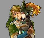  1girl black_skin blonde_hair blue_eyes cheek_kiss hat height_difference helmet imp kiss link long_hair midna multicolored multicolored_skin neaze neon_trim one_eye_closed orange_hair pointy_ears the_legend_of_zelda the_legend_of_zelda:_twilight_princess two-tone_skin white_skin 