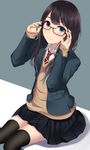  adjusting_eyewear black_hair black_legwear blue_eyes glasses highres long_hair long_sleeves looking_at_viewer mole mole_under_eye necktie original pleated_skirt red-framed_eyewear saitou_(lynx-shrike) school_uniform sitting skirt smile solo thighhighs uniform zettai_ryouiki 